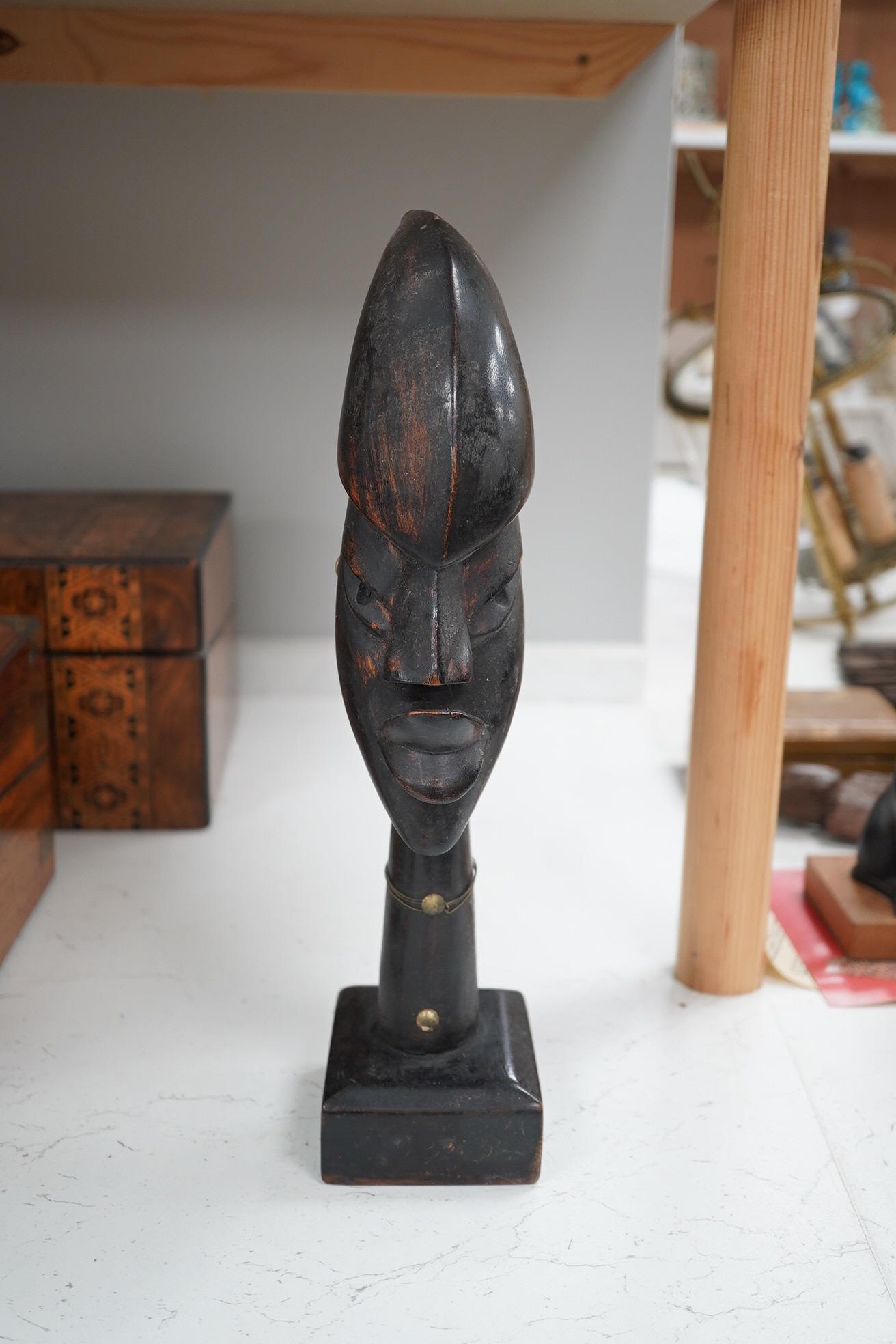 A group of African, Indonesian and other South East Asian carvings and a lacquer box. Sword 60cm long. Condition - poor, fair to good